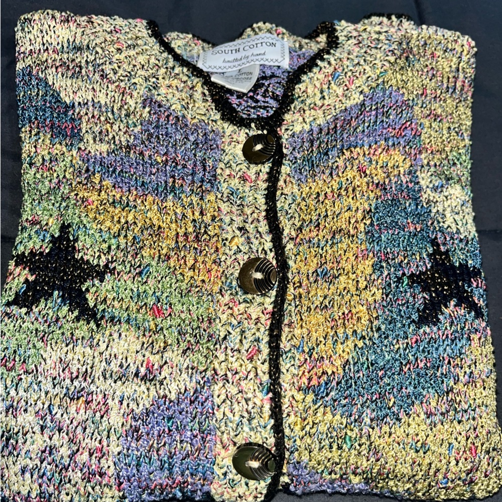 Vintage 90’s South Cotton Hand Knit Cardigan Sweater Heavy Multi Color Knit - Picture 12 of 12